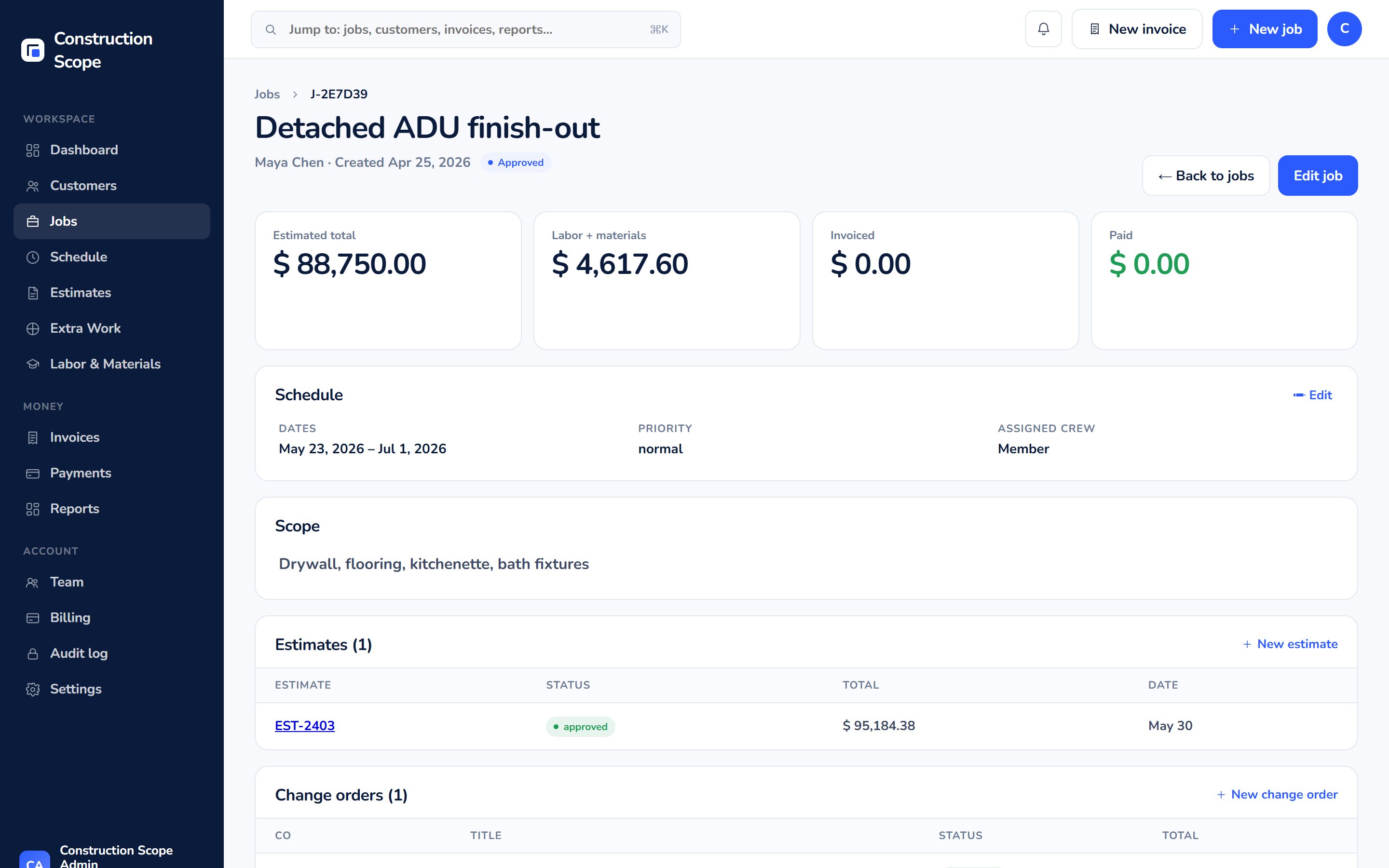Construction Scope job detail page showing scope, customer, schedule, change orders, labor, materials, and invoices for a single project